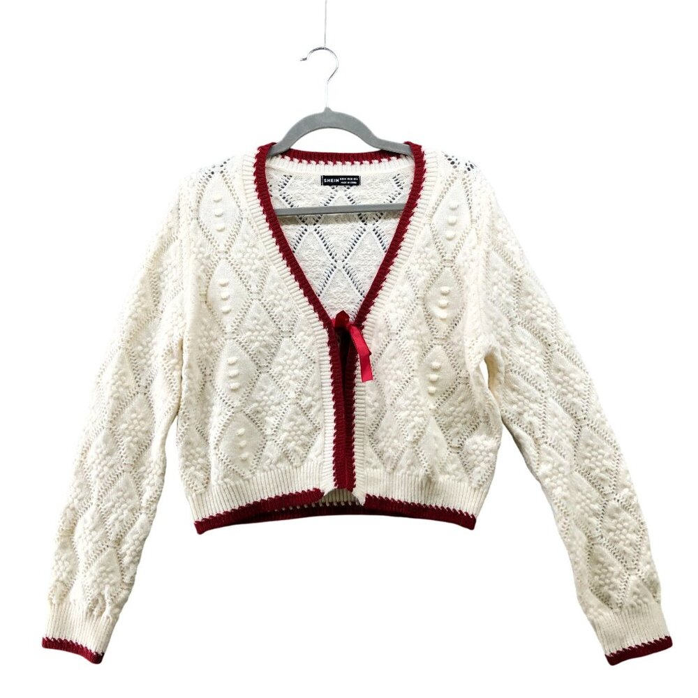 Shein‎ Tie Front Cable Knit Cardigan Womens M Ivory Red Bow Cottagecore Prairie